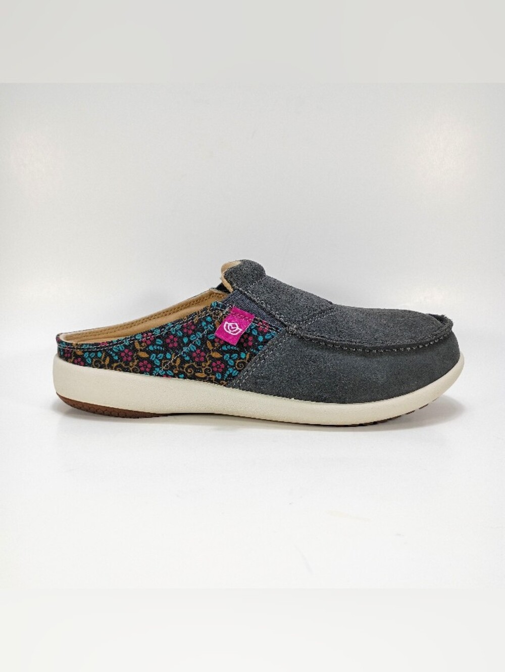 Spenco Siesta Via Womens 7 Gray Suede And Floral Print Slip On Shoes Mules
